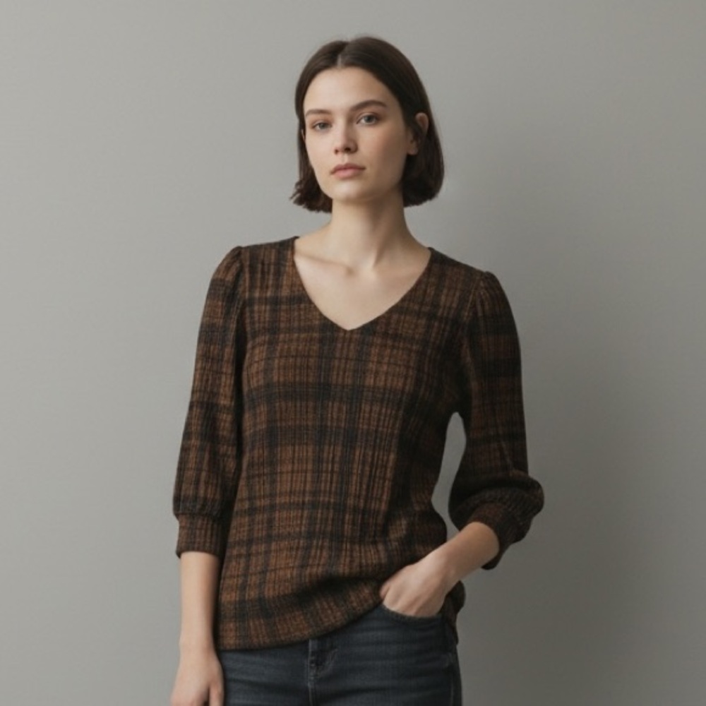 PREMISE Women's Plaid V Neck Puff Sleeve Textured Knit Top Brown Black Size S